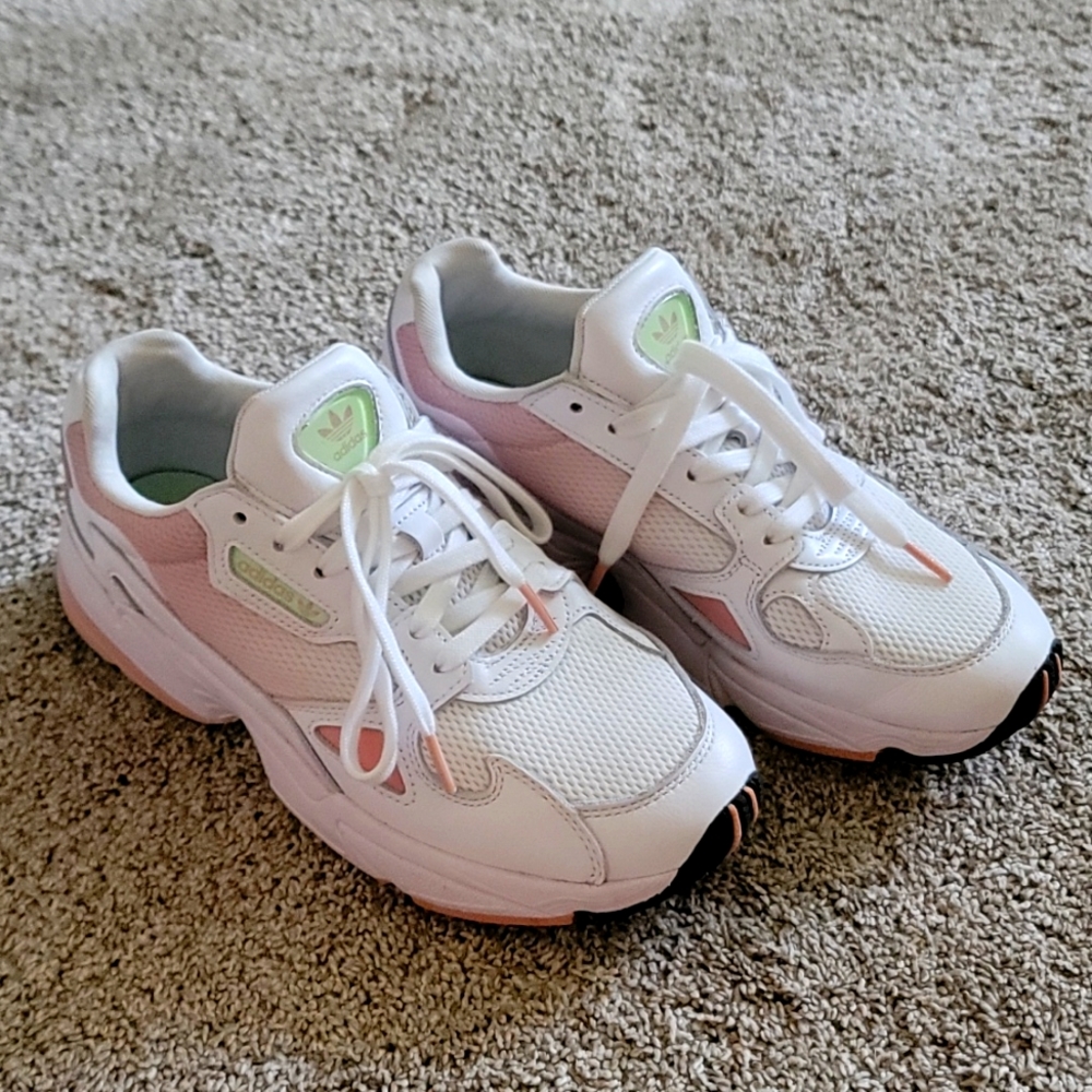 Adidas Falcons, EUC, size 8.5 women's, pale pink and seafoam green on white